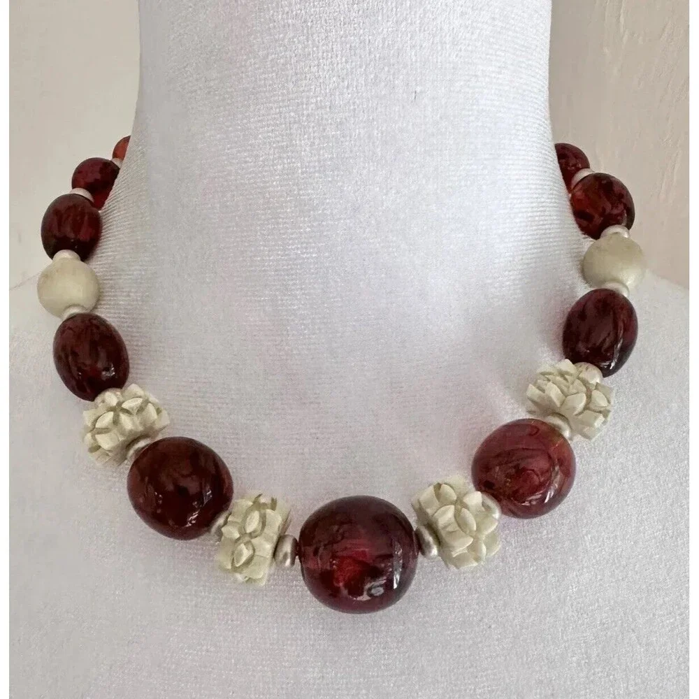 Vintage 1930s Louis Rousselet Art Deco Amber Glass Bead Carved Galalith Necklace